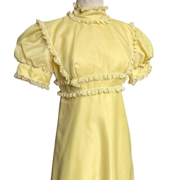 70s vintage victorian puff sleeve dress lace ruffle empire waist maxi mockneck. - Picture 2 of 12